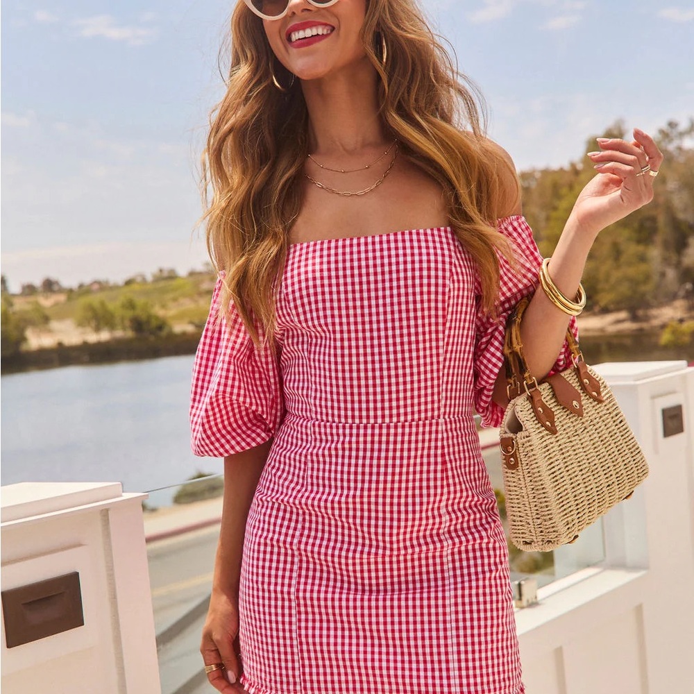 Vici Red Gingham Off-Shoulder Mini Dress